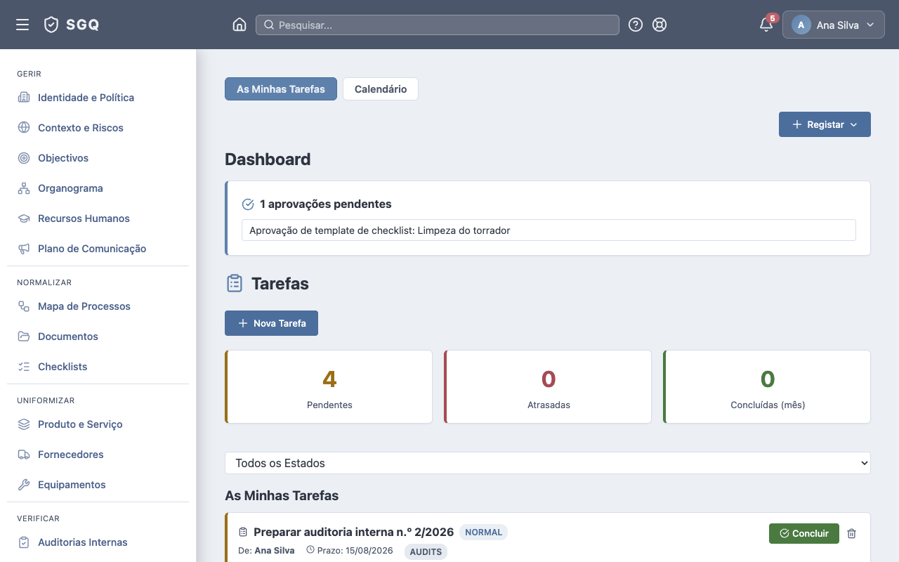 Painel inicial do SGQ — navegação por verbos, dashboard e tarefas