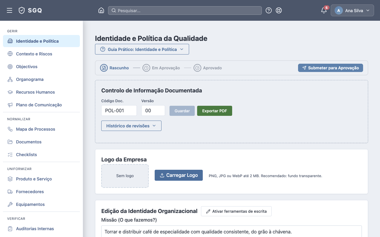 Identidade e Política da Qualidade — controlo documentado, logo e campos da identidade