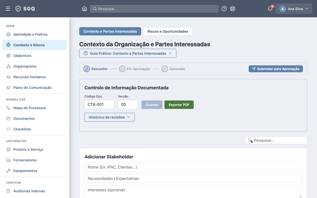 Hub Contexto e Riscos — aba Contexto e Partes Interessadas