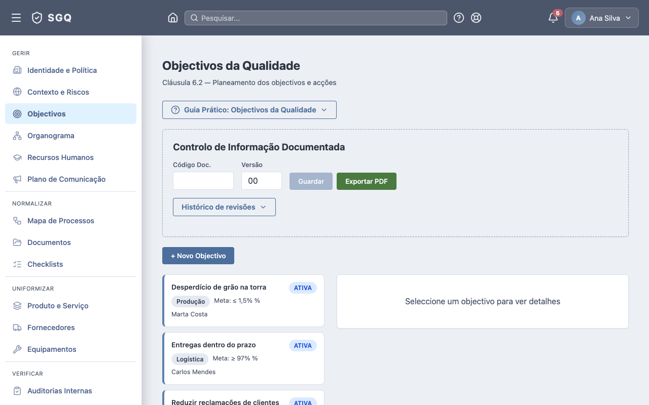Objectivos da Qualidade — lista com estado, meta e responsável