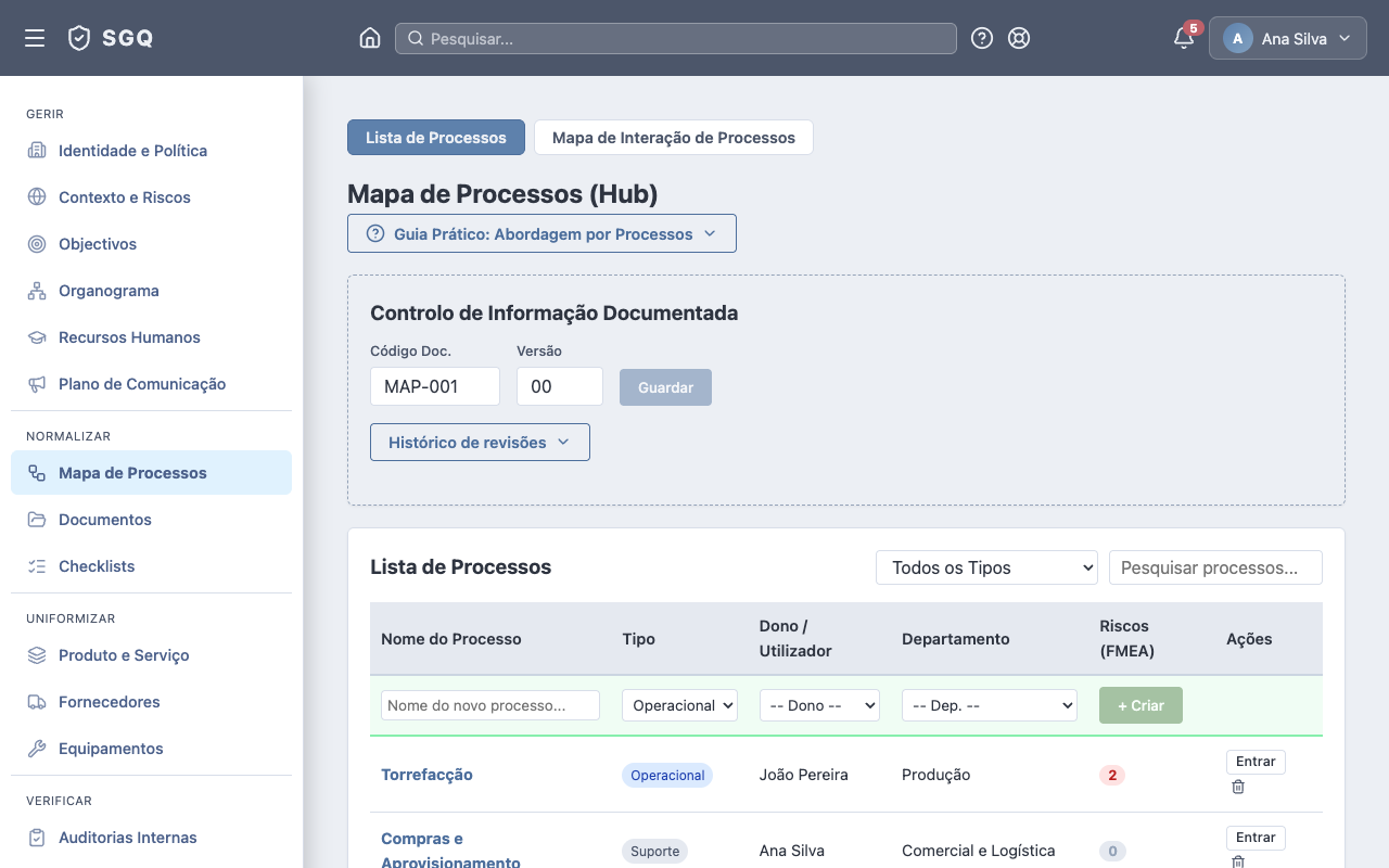 Mapa de Processos — lista com tipo, dono, departamento e contagem FMEA