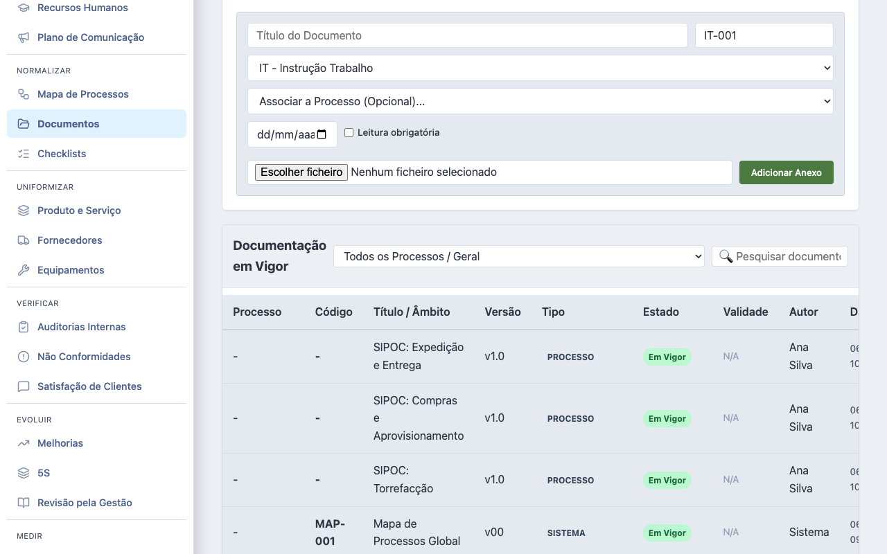 Documentos — formulário de novo documento e lista da documentação em vigor