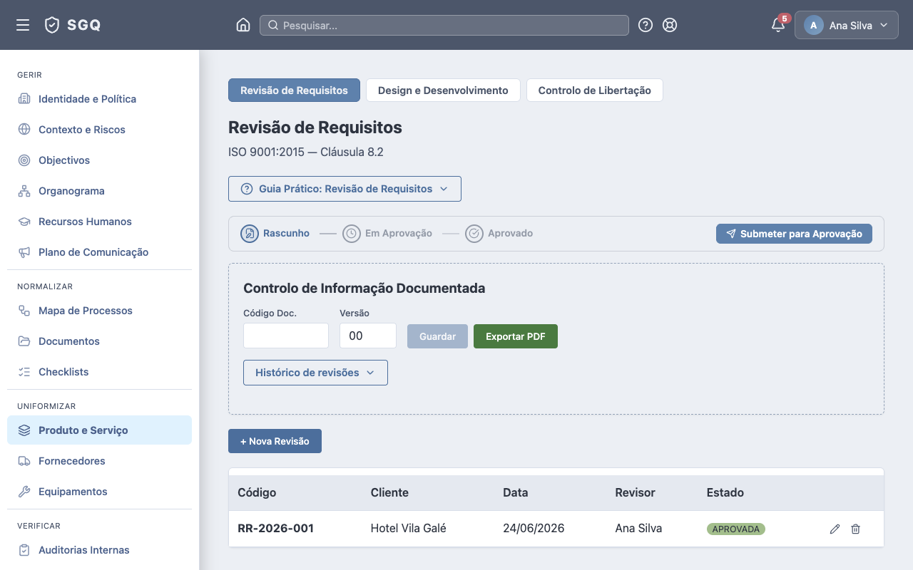 Hub Produto e Serviço — aba Revisão de Requisitos