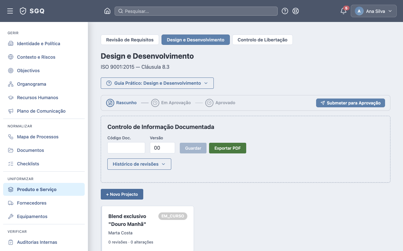 Aba Design e Desenvolvimento no hub Produto e Serviço