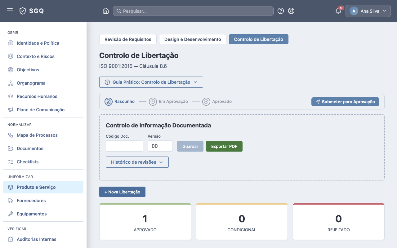 Aba Controlo de Libertação — resumo Aprovado / Condicional / Rejeitado