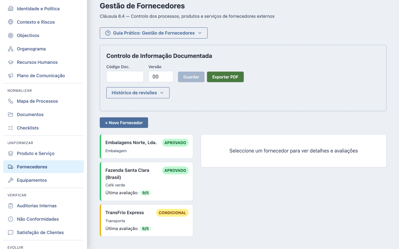 Fornecedores — lista com estado de aprovação e avaliações