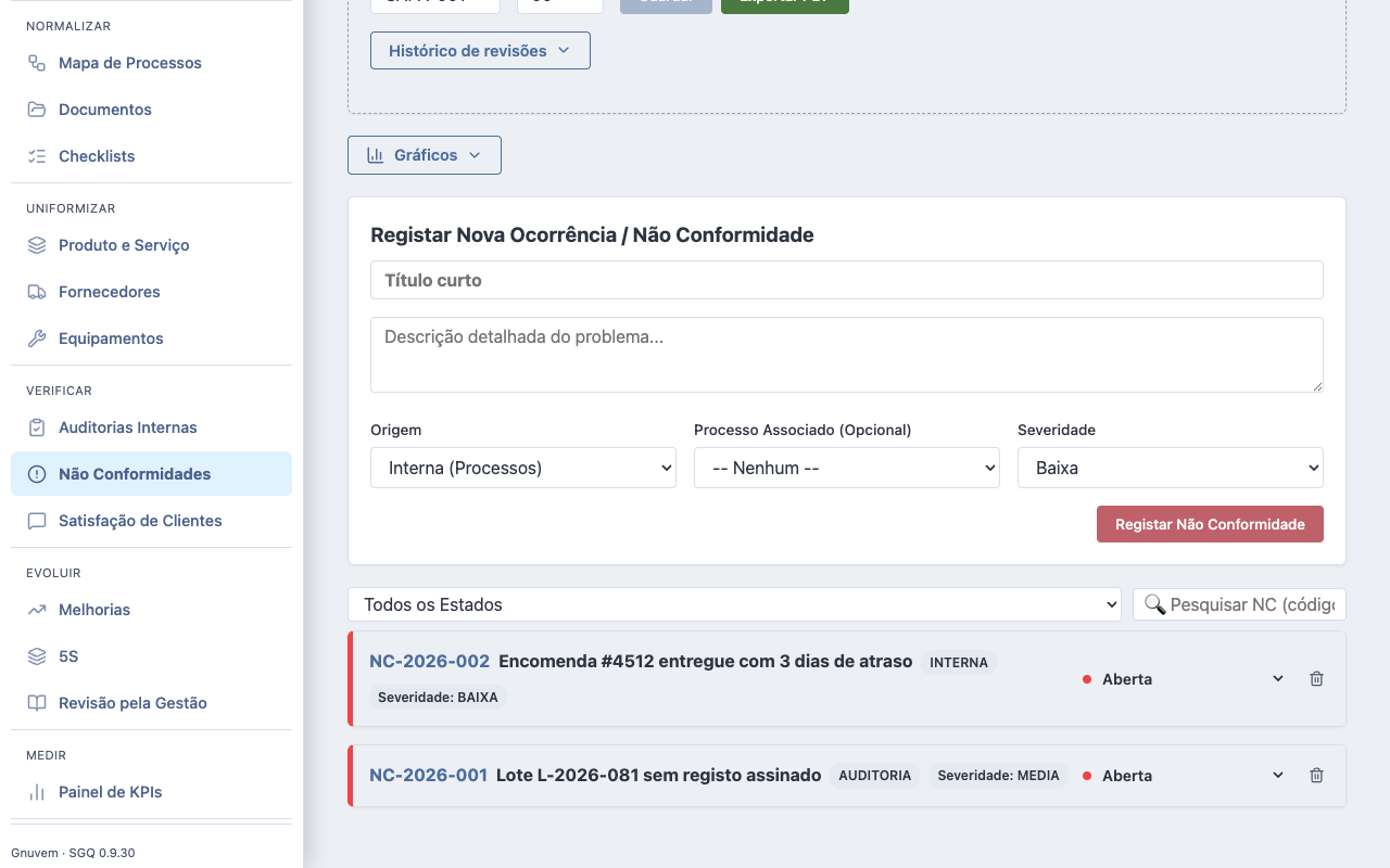 Não Conformidades — registo e acompanhamento CAPA
