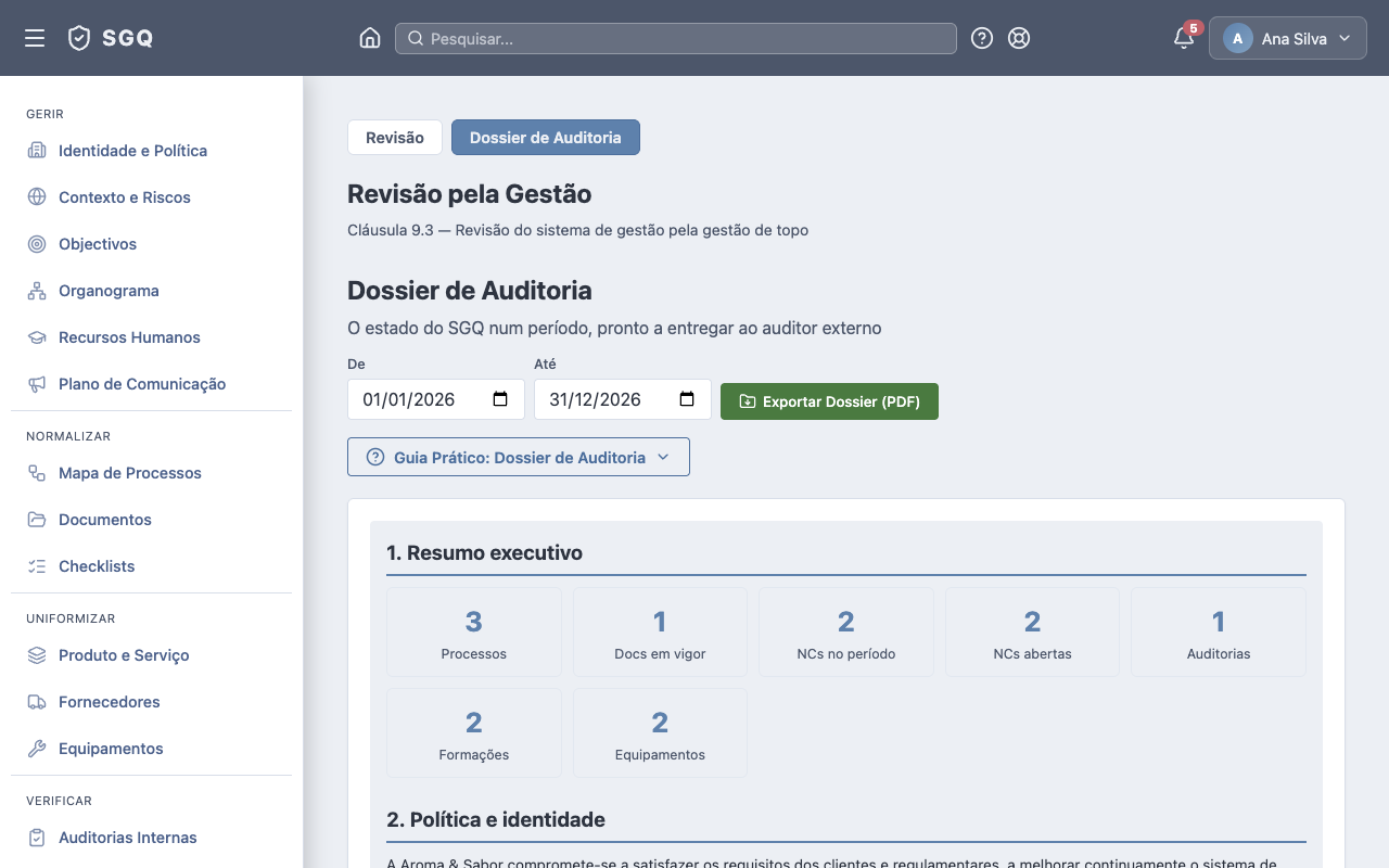 Dossier de Auditoria — resumo executivo do SGQ num período, pronto a exportar em PDF