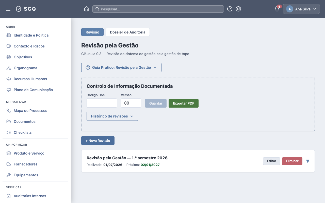 Revisão pela Gestão — actas com entradas e decisões
