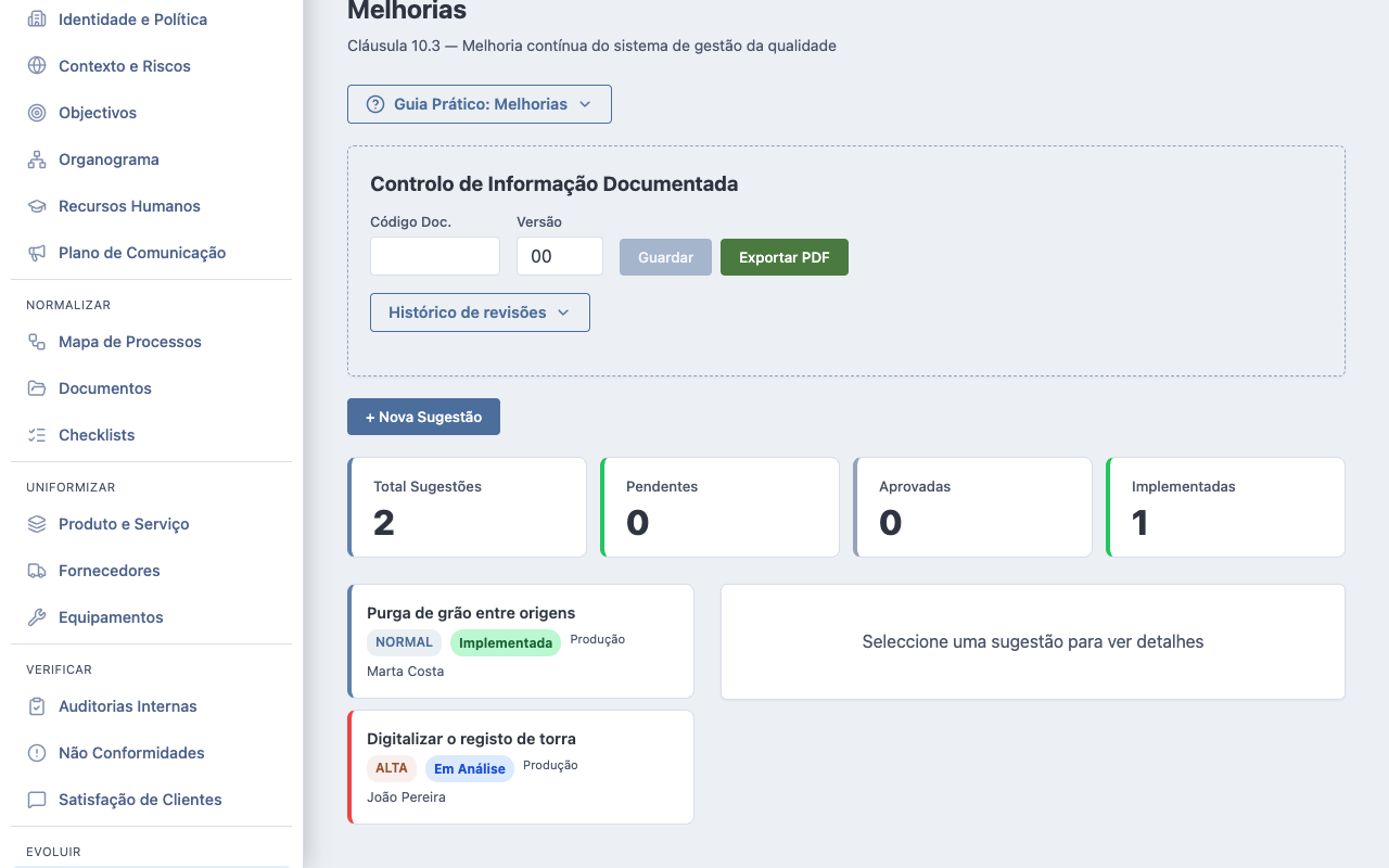Melhorias — registo de oportunidades com prioridade e estado