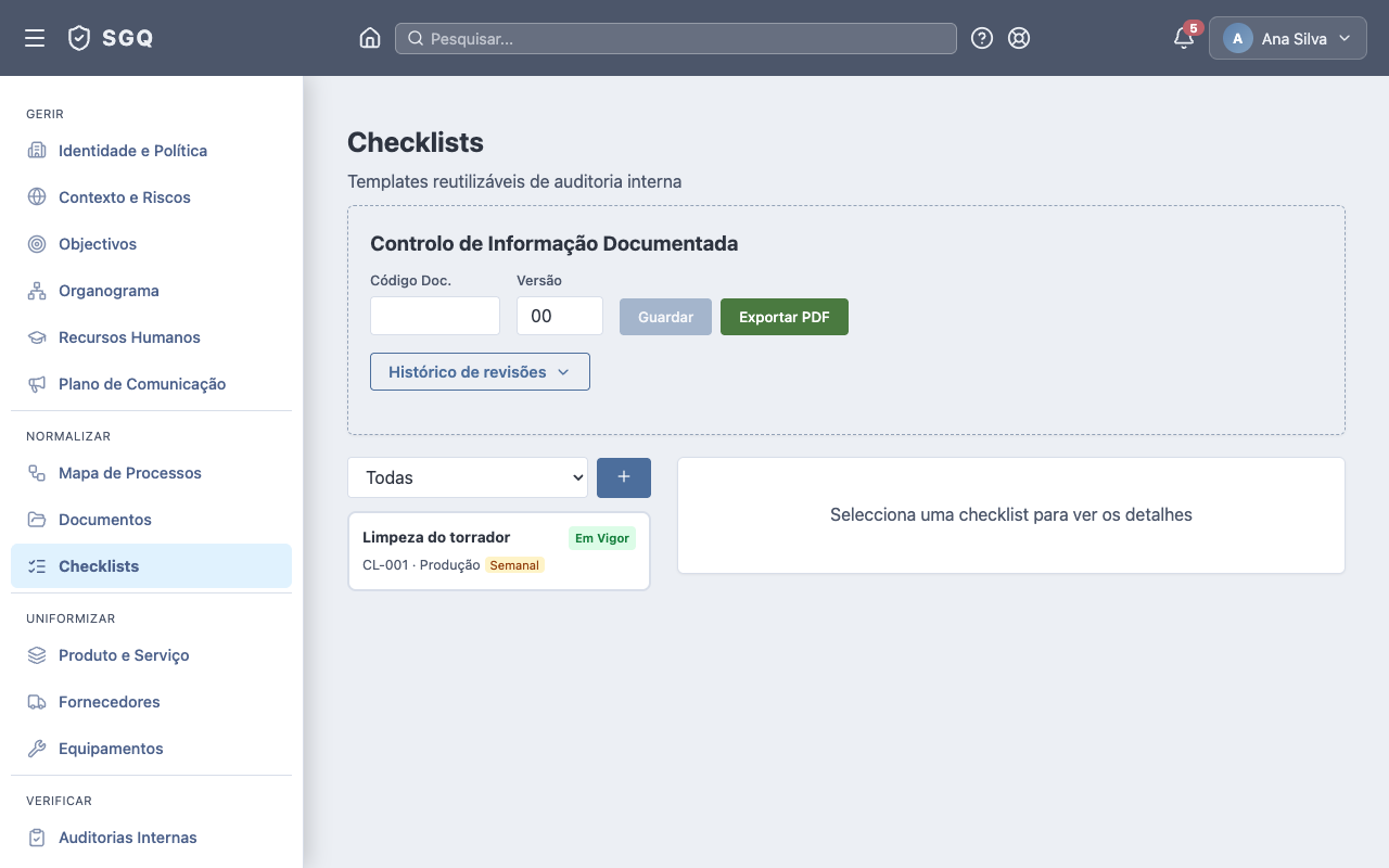Checklists — templates e execuções