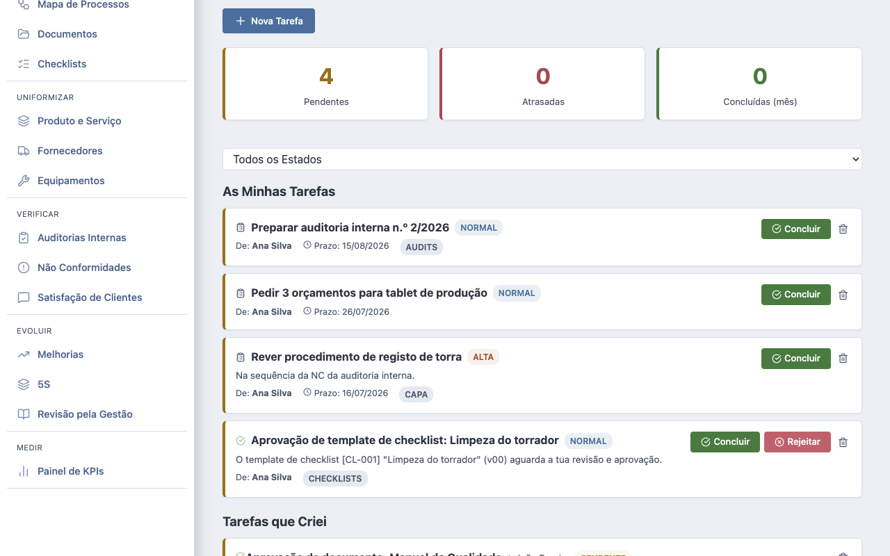 As Minhas Tarefas — contadores, lista e aprovações pendentes