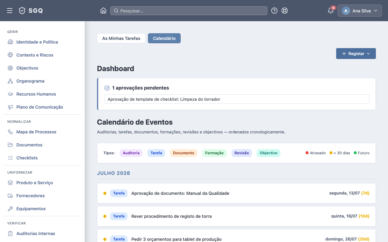 Calendário de Eventos — prazos de tarefas, auditorias, formações e documentos