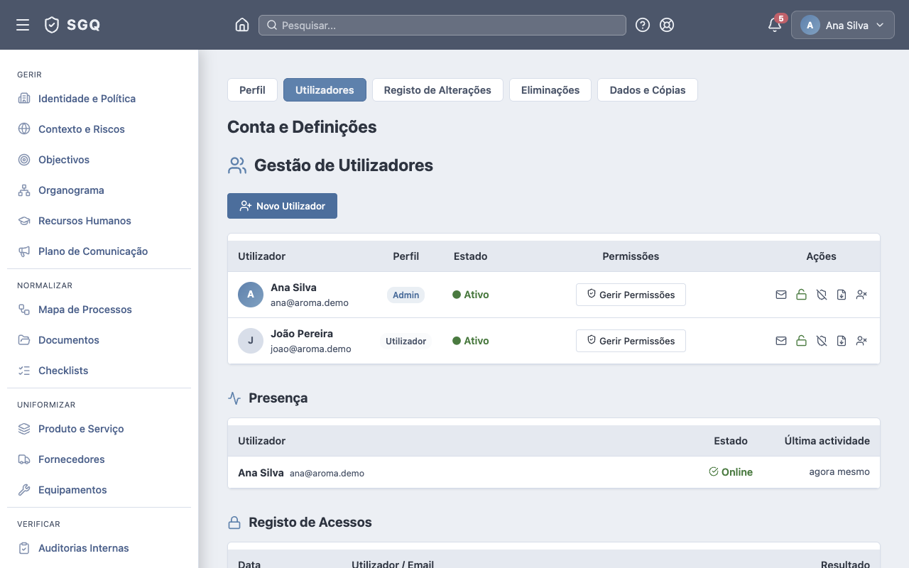 Gestão de Utilizadores — perfis, estado, permissões e registo de acessos